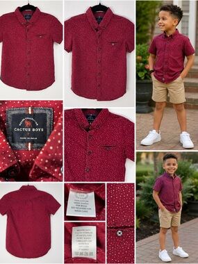 Cactus Boys Shirt Boy 7 Burgundy White Preppy Polka Dot Short Sleeve Button Down